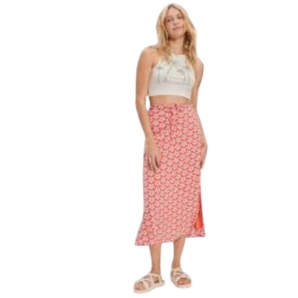 American Eagle Orange White Daisy Floral Ruched Midi Skirt XXL NWT $50